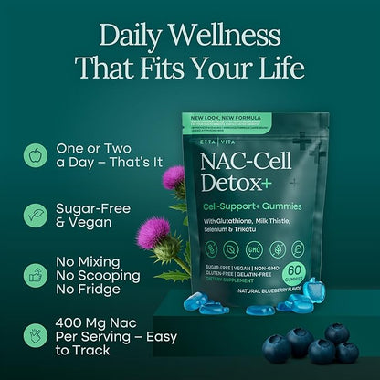 Sugar-Free NAC Gummies, N Acetyl Cysteine Supplement with Milk Thistle, Glutathione, & Selenium, NAC Supplement for Energy, Respiratory Health, Liver Detox & Cleanse, Kidney, Antioxidant Support