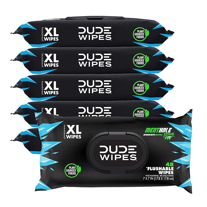DUDE Wipes MentHOLE XXtreme Flushable Wipes - Menthol Infused Extra-Large Adult Wet Wipes - 6 Pack (288 Count) - Infused with Menthol for a Cooling Sensation - Septic and Sewer Safe