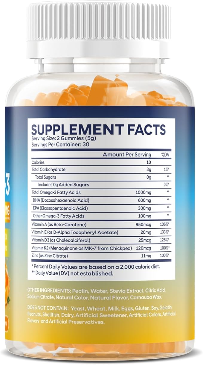 Vegan Omega 3 Gummies 1000MG Algal Oil Omega 3 Supplement for Adults with Algae DHA 600mg & EPA 300mg Fish Oil Alternative - for Eye & Immune Health, No Fish Taste, Orange Flavor, 60 Count
