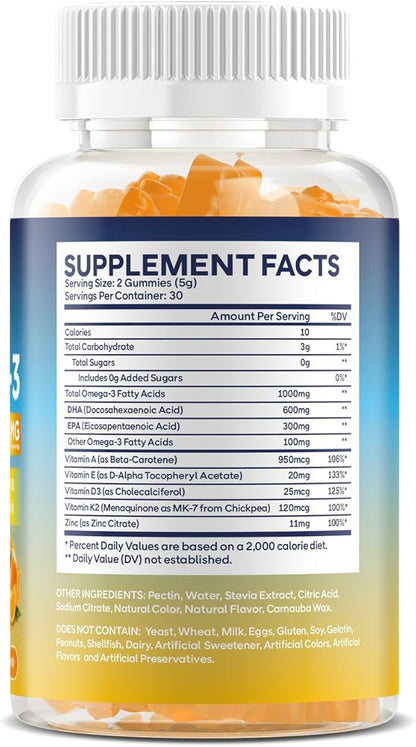 Vegan Omega 3 Gummies 1000MG Algal Oil Omega 3 Supplement for Adults with Algae DHA 600mg & EPA 300mg Fish Oil Alternative - for Eye & Immune Health, No Fish Taste, Orange Flavor, 60 Count