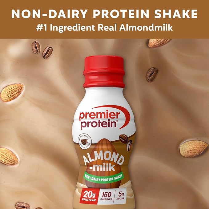 Premier Protein Non-Dairy Plant Based Almondmilk Protein Shake, Coffee with Caffeine for Energy – 20g Protein, 5g Sugar, 11.5 Fl oz, 12 Count