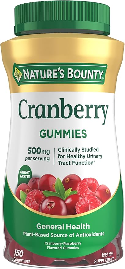 Nature's Bounty Cranberry Gummies, Urinary Tract Support, 500 mg, Cran-Raspberry Flavor, 150 Ct
