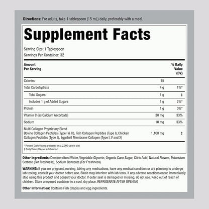 Piping Rock Liquid Collagen 16 fl oz | 1100mg | Fruit Flavor | Multi Collagen Type I, II, III, V, X | with Vitamin C | Non-GMO, Gluten Free Supplement