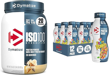 Bundle of Dymatize Performance Protein Shake, Fruity Pebbles (12 pack) + ISO100 Whey Protein Powder Isolate, Gourmet Vanilla (20 Servings)