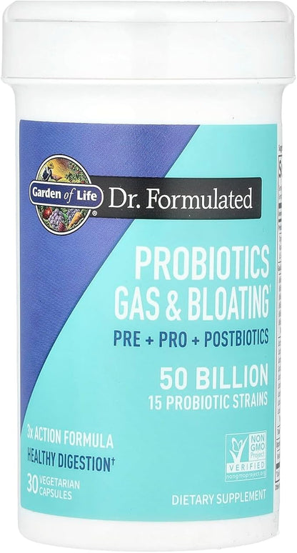 Garden of Life Dr. Formulated Pre, Post & Probiotics Gas & Bloating Once Daily 3-in-1 Complete Prebiotics, Postbiotics & Probiotics – 50 Billion CFU, Non-GMO, Gluten-Free, 30 Day Supply