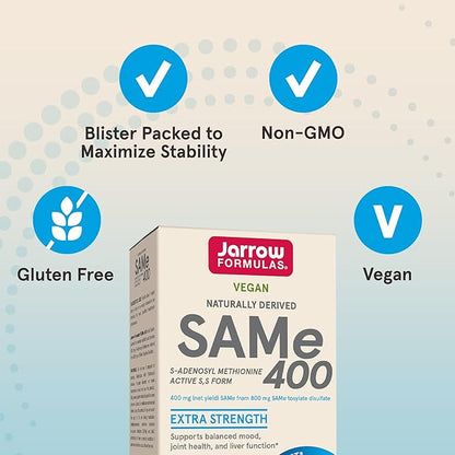 Jarrow Formulas SAMe Supplement 400 mg - 60 Tablets - High Concentration of Active S,S Form - Supports Joint Health, Liver Function, Brain Metabolism, Balanced Mood & Antioxidant Defense - 60 Servings
