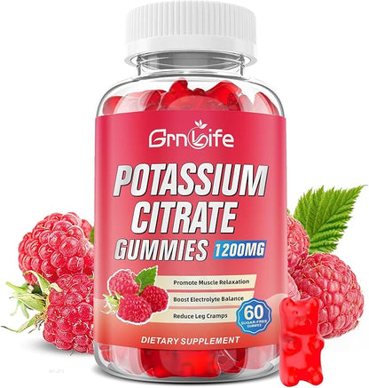 Potassium Citrate Gummies, High Potassium Supplement 1200mg Support Leg Cramps & Muscle Health, Potassium Gummies for Adults & Kids, Vegan, Raspberry Flavor 60 Count