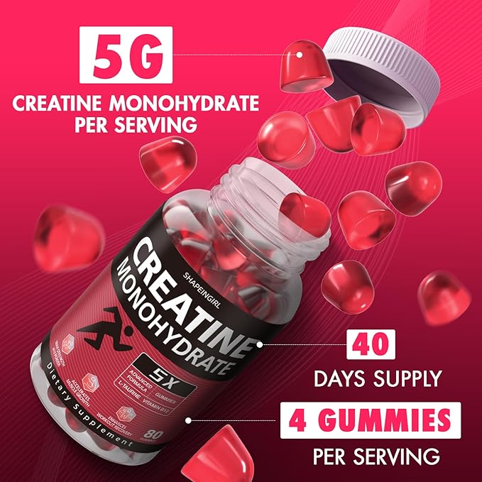 Creatine Monohydrate Gummies - Clean Creatine for Women Men for Muscle Strength, Improving Endurance & Post Workout Recovery - Creatine Supplement - Raspberry Flavors (160 Gummies)