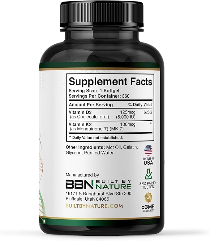 Built by Nature Vitamin D3 K2 5000 IU + 100 mcg MK-7 - Extra Strength, High Absorption - Bone, Heart & Immune Support - Coconut MCT Oil - Non-GMO – 1 Year Supply - 360 Softgels
