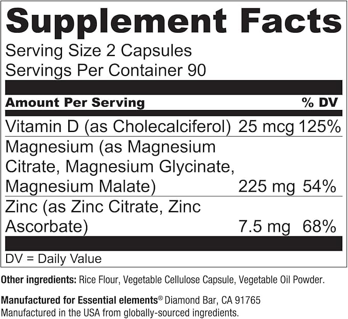 Essential Elements Magnesium Plus Zinc with Vitamin D3 - Scientifically Formulated Heart, Bone, & Muscle Support - 225mg Triple-Strength Magnesium Complex with Glycinate, Malate, Citrate - 360 Count