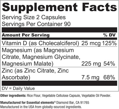 Essential Elements Magnesium Plus Zinc with Vitamin D3 - Scientifically Formulated Heart, Bone, & Muscle Support - 225mg Triple-Strength Magnesium Complex with Glycinate, Malate, Citrate - 360 Count