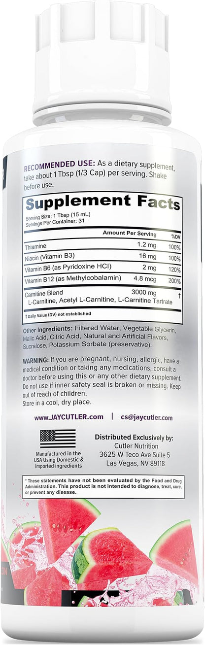Cutler Nutrition Liquid L-Carnitine Fat Burner Supplement with Acetyl L-Carnitine & L-Carnitine Tartrate - Fat Burner Formula for Optimal Absorption, Energy & Muscle Support | Watermelon Flavor