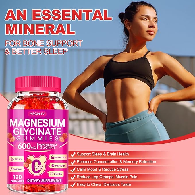 Magnesium Glycinate Gummies 600mg, Chewable Sugar Free Potassium Magnesium Gummies with Magnesium Glycinate, Vitamin D, B6 and CoQ10 for Sleep, Relaxation, Brain and Muscle, 60 Days Supply