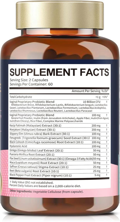 Vaginal Probiotics for Women Vaginal Moisturizer, pH, Odor, Flora, Hormones, Comfort, Mood & Relaxation, 30-in-1 Vaginal Moisture Plus with Slippery Elm Bark, Hyaluronic Acid, Fenugreek - 120 Caps