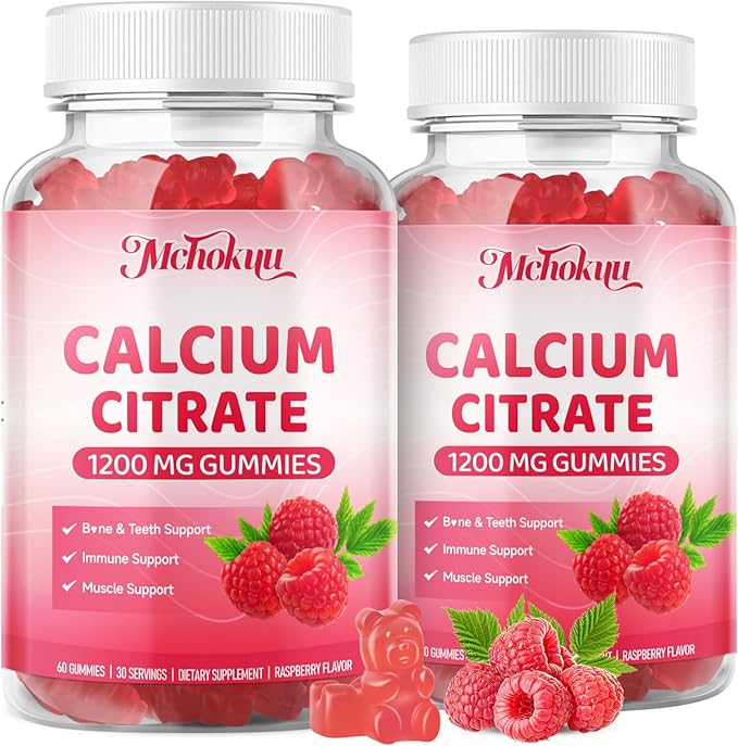 Calcium Citrate Gummies 1200mg Chewable Calcium Supplement for Women & Men, Supports Bone, Muscle & Immune Health, Sugar-Free, Non-GMO, Gluten-Free, Natural Raspberry Flavor, 60 Count
