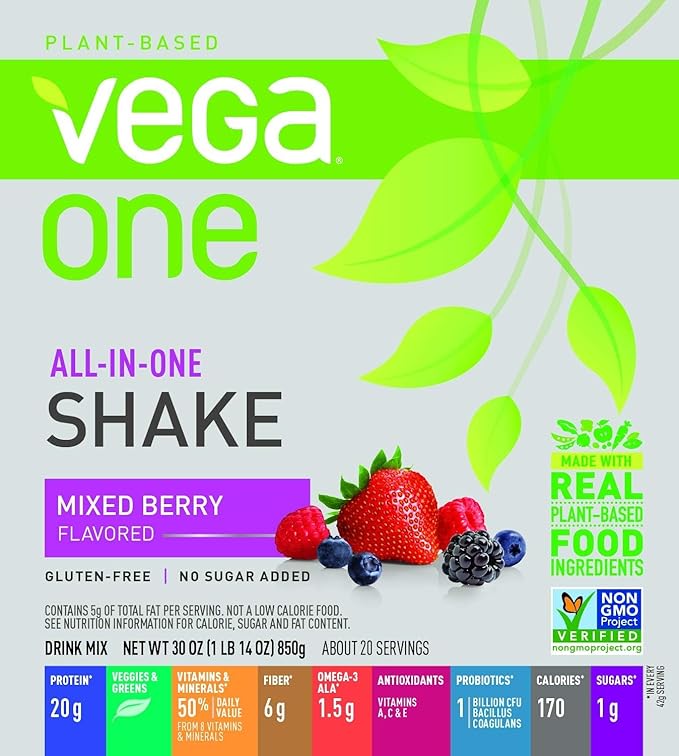 Vega One All-in-One Nutritional Shake Berry (20 Servings) - Plant Based Vegan Protein Powder, Non Dairy, Gluten Free, Non GMO, 30 Ounce (Pack of 1)