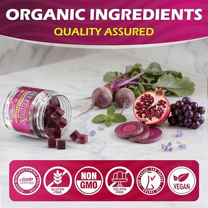 Organic Beet Root Gummies with L-Citrulline & L-Arginine, Nitric Oxide Supplements for Men and Women, Grape Seed, Pomegranate, Saffron for Circulation, Vâsculâr & Vitality, Vegan, Sugar Free, 120 Cts