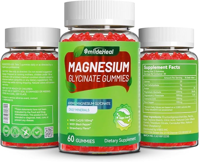 Magnesium Glycinate Gummies 600mg, Magnesium Gummies for Women & Men, with Magnesium L-Threonate 300mg, CoQ10 and Black Pepper, Vegan (120 Count)