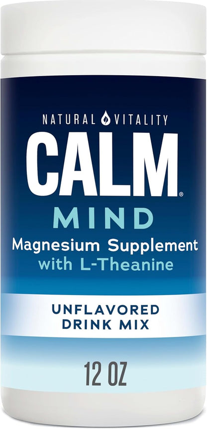Natural Vitality Calm Mind, Magnesium Citrate + L-Theanine Powder, Supplement for Stress Relief, Gluten Free & Vegetarian, Unflavored, 12 oz.