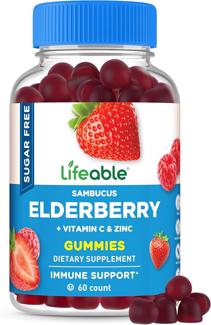 Lifeable Sugar Free Elderberry Gummies with Vitamin C and Zinc | Great Tasting Sambucus Elderberry Immune Support Supplement | Kosher, Vegan, Non GMO Black Elderberry for Adults | 60 Gummies