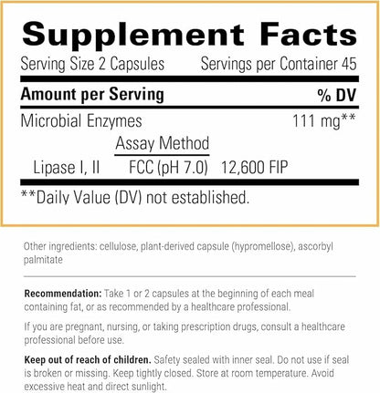 Integrative Therapeutics Lipase Concentrate-HP - Enzyme Supplement for the Digestion of Fats - Nutrient Absorption & GI Tract Health Support* - Dairy-Free & Vegan - 90 Count (45 Servings)