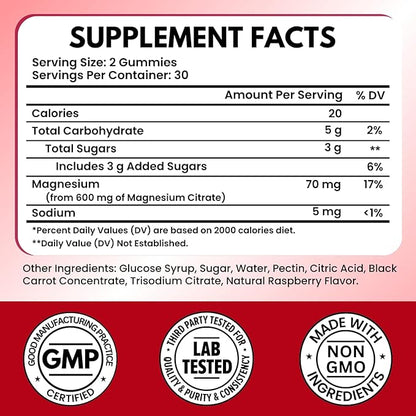 Vitboost Magnesium Citrate Gummies 600mg - 60 Count Vegan Magnesium Gummies for Relaxation & Muscle Support - Natural Raspberry Flavor - Non-GMO, Gluten Free, Plant Based
