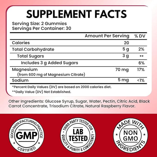 Vitboost Magnesium Citrate Gummies 600mg - 60 Count Vegan Magnesium Gummies for Relaxation & Muscle Support - Natural Raspberry Flavor - Non-GMO, Gluten Free, Plant Based