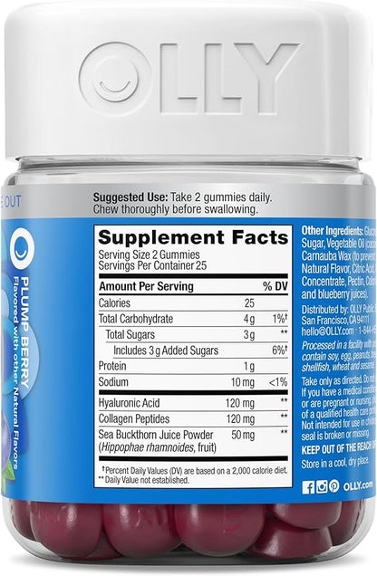 OLLY Glowing Skin Gummy, Hydrated & Youthful Skin,* Hyaluronic Acid, Collagen Peptides, Sea Buckthorn, Plump Berry Flavor, 25 Day Supply - 50 Count