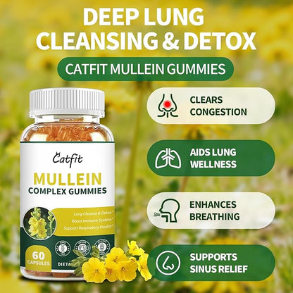 Catfit Mullein Gummies for Lungs – Mullein Leaf Extract with Quercetin, Elderberry for Respiratory & Immune Support,Lung Health & Breathing, Vegan, Pineapple Flavor, 60 Gummies