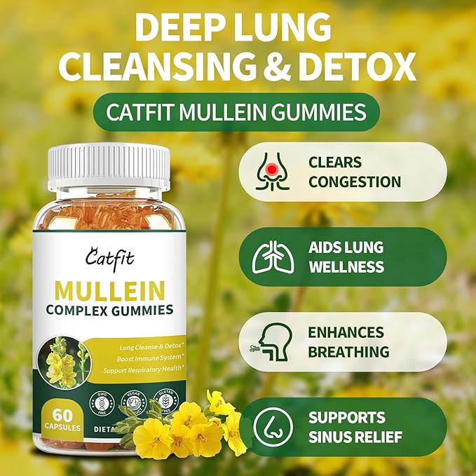 Catfit (120 pcs) Mullein Gummies for Lungs Detox &Lymphatic Drainage,Mullein Leaf Extract,Quercetin&Elderberry for Respiratory & Immune Support,Vegan, Pineapple Flavor, (2 Pack)