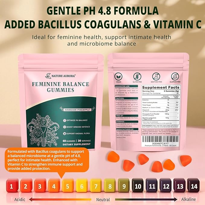 Premium Feminine Balance Gummies - Women's pH Balance & Vaginal Probiotics Support with Immune Support - Vegan, Gluten-Free - Hawaiian Pineapple Flavor - 60 Count