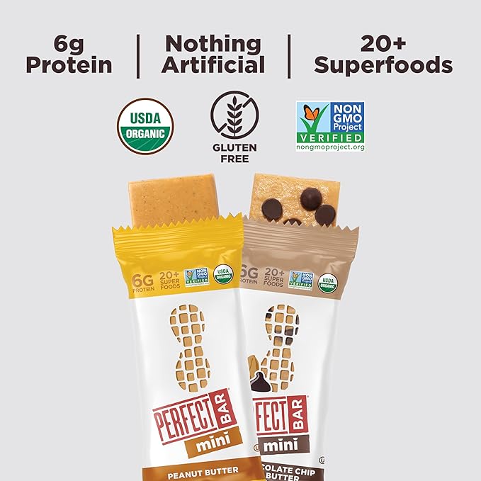 Perfect Bar Mini Protein Bars, Peanut Butter and Dark Chocolate Chip Peanut Butter Variety Pack, Gluten Free, Made with Organic Honey, Cookie Dough Texture, Refrigerated, 18 Count, 0.88 Oz Bar