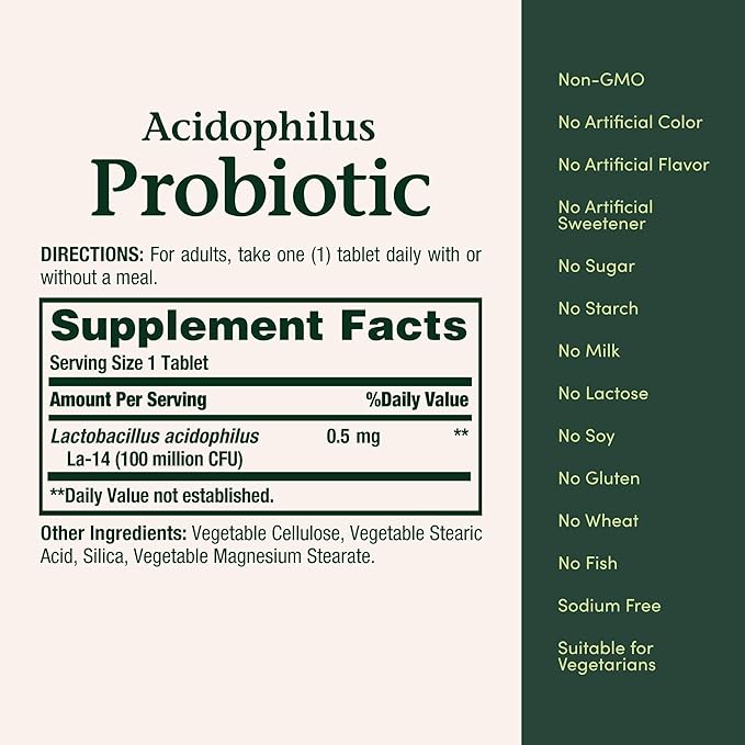 Nature's Bounty Lactobacillus Acidophilus Probiotic Supplement - Daily Probiotic for Women/Men Digestive Health,100 Million Organisms,Vegetarian,1 Serving per Day,120 Tablets,(Pack of 2)