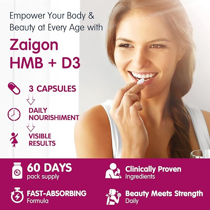 Zaigon HMB Supplements for Women | Vitamin D3 K2, Ashwagandha, Magnesium, Omega 3, Collagen, Biotin, Hyaluronic Acid, Astaxanthin, Calcium | Skin Care, Muscle, Bone & Brain Support | 180 Capsules