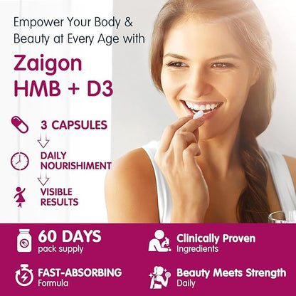Zaigon HMB Supplements for Women | Vitamin D3 K2, Ashwagandha, Magnesium, Omega 3, Collagen, Biotin, Hyaluronic Acid, Astaxanthin, Calcium | Skin Care, Muscle, Bone & Brain Support | 180 Capsules