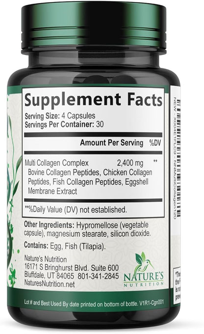Multi Collagen 2400mg Per Serving - Advanced Formula Types I, II, III, V, X - Hydrolyzed Multi Collagen Pills - Collagen Peptides Supplement for Women & Men - Hair, Skin, & Nail Support - 120 Capsules