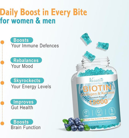 Biotin with Collagen Gummies, Hair Skin and Nails Vitamins Gummies for Hair Growth, Glowing Skin & Strong Nails - Blueberry Flavor, Sugar Free, 60 Count