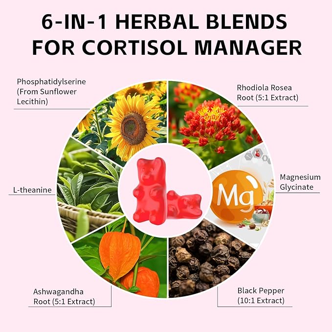 Cortisol Supplements Gummies for Women Sugar-Free Cortisol Gummies with Magnesium Glycinate Ashwagandha Rhodiola Rose Support Relaxation & Focus, Raspberry Flavor, 120 Count
