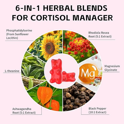 Cortisol Supplements Gummies for Women Sugar-Free Cortisol Gummies with Magnesium Glycinate Ashwagandha Rhodiola Rose Support Relaxation & Focus, Raspberry Flavor, 60 Count
