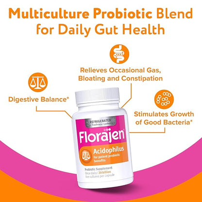 Florajen Acidophilus High Potency Refrigerated Supports Overall Health, 20 Billion CFUs for Potent Probiotic Benefits, Unflavored, 60 Count