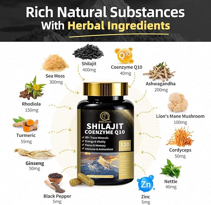 Shilajit Capsules with Sea Moss & Ashwagandha for Men & Women,12 in 1 Hima*layan Shilajit Supplements with Coenzyme Q10, Fulvic Acid & Humic Acid, Lion's Mane, Energy & Immune, 120 Count, 2 Pack