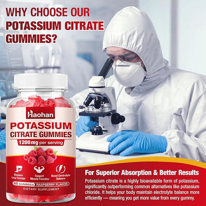 Potassium Citrate Gummies 1200mg - Chewable Supplement to Support Muscle Health & Relieve Leg Cramps for Men & Women. Vegan, Gluten-Free, Sugar-Free, Raspberry Flavor, 60 Count