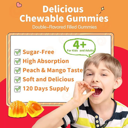 Magnesium Gummies for Kids - Magnesium Glycinate Gummies with L-Theanine, Vitamin B6, D3 for Kids & Adults Sleep, Calm, Relaxation, Stress, Brain, Bones, Muscle Relief, Sugar Free Peach & Mango 120ct