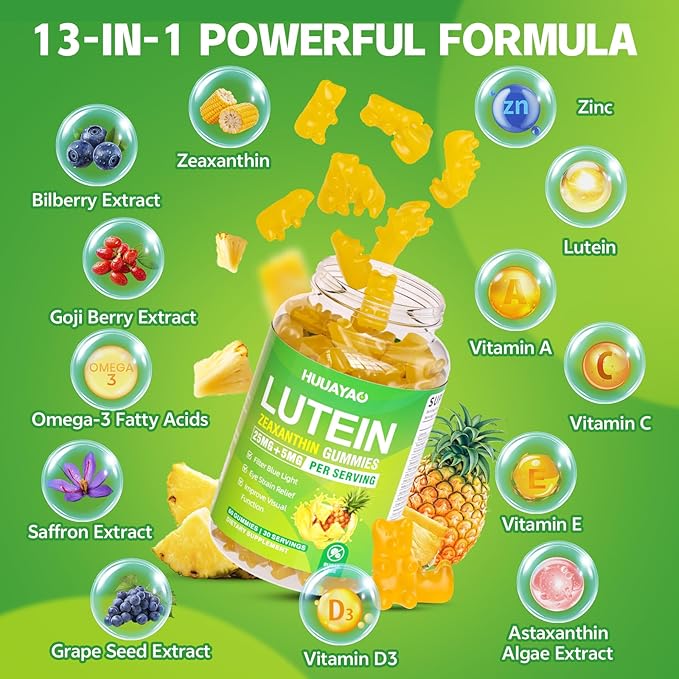 Lutein Gummies 25mg, Lutein and Zeaxanthin Supplements Eye Vitamins Gummies for Support Blue Light Protection, Vision & Overall Eye Health, Sugar Free, Pineapple Flavor, 60 Count