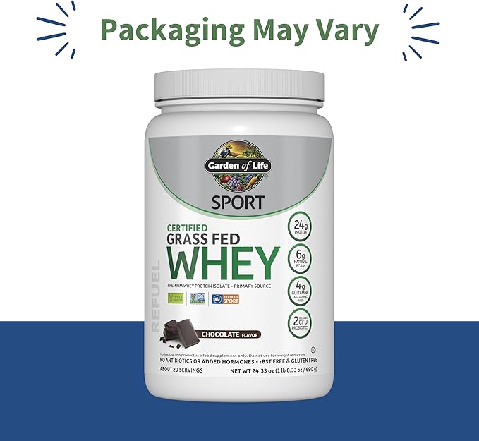 Garden of Life SPORT Whey Protein Powder Chocolate, Premium Grass Fed Whey Protein Isolate plus Probiotics for Immune System Health, 24g Protein, Non GMO, Gluten Free, Cold Processed - 20 Servings