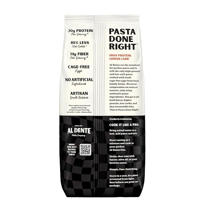 Al Dente Protein Pasta Egg Fettuccine – 30g High Protein in 3.5oz Serving, Lower Carb, High Fiber. Cage-Free Eggs & Semolina. (Previously Carba-Nada, Packaging May Vary) - 10oz Bags (Pack of 4)