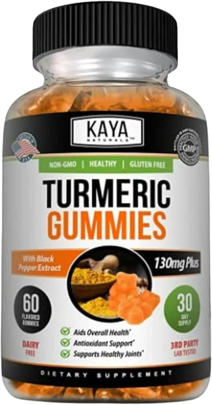 Kaya Naturals Turmeric Supplements Gummies, Pure Nature Turmeric Curcumin, Ginger Gummies - Black Pepper Extract - 60 Count