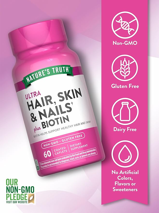 Nature's Truth Hair Skin and Nails | 60 Caplets | Plus 5,000 mcg Biotin | Non-GMO & Gluten Free Supplement