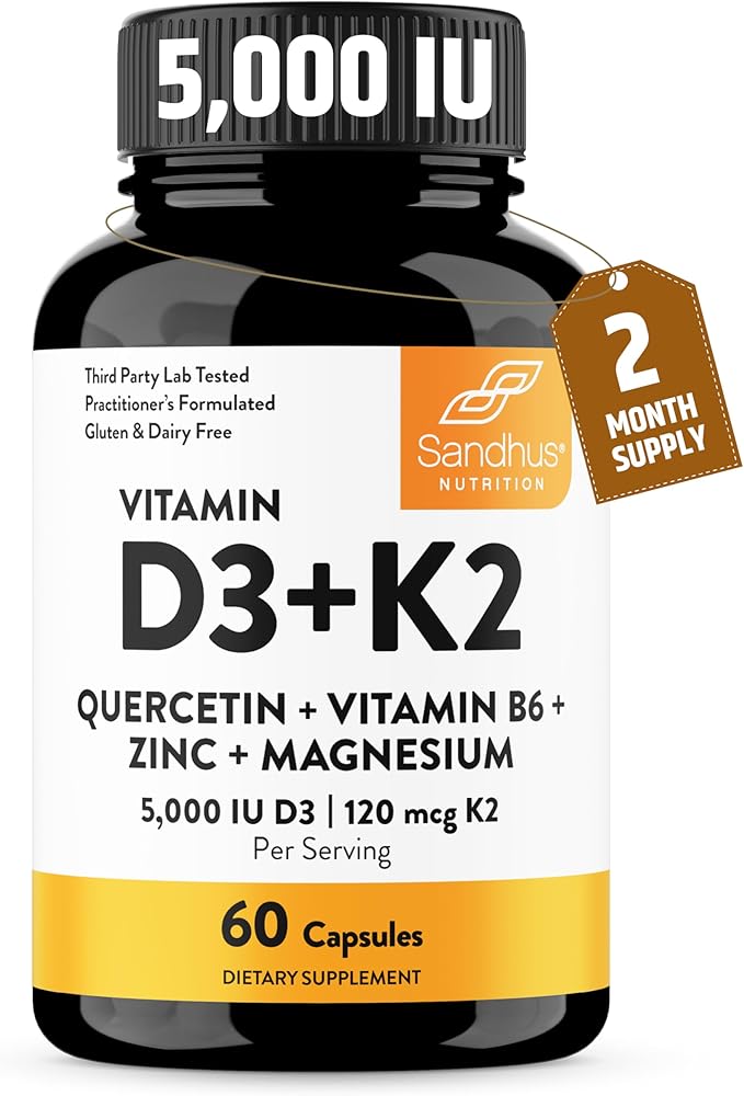 Sandhu's Vitamin D3 K2 Magnesium 5000 IU, 120mcg K2 Capsules 60 Count (Pack of 1) | with VIT B6, Zinc & Quercetin | D3K2 Supports Superior Absorption, Energy, Immune, Muscle Health for Men & Women