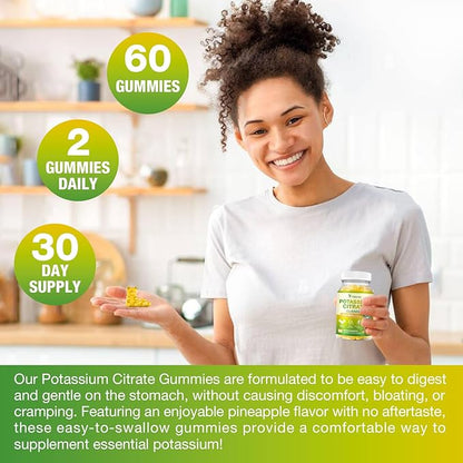 2 Pack Potassium Citrate Gummies 1500mg, Potassium Supplement Gummies for Adults Women & Men, Support Leg Cramps & Muscle Health, Sugar-Free, Pineapple Flavor, 120 Count